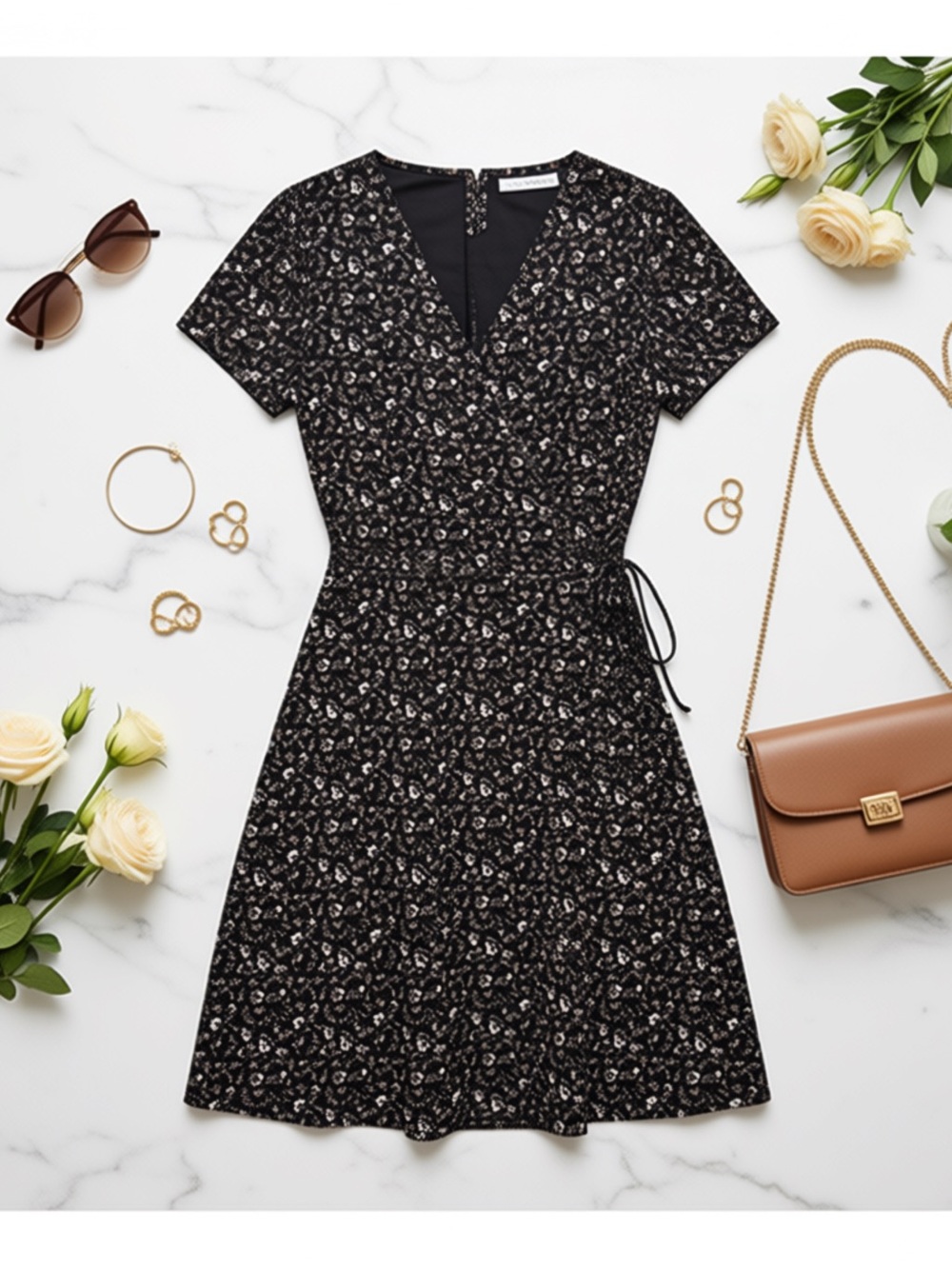 Kaileigh Black Floral Mini Dress with Cream Accents - Size S